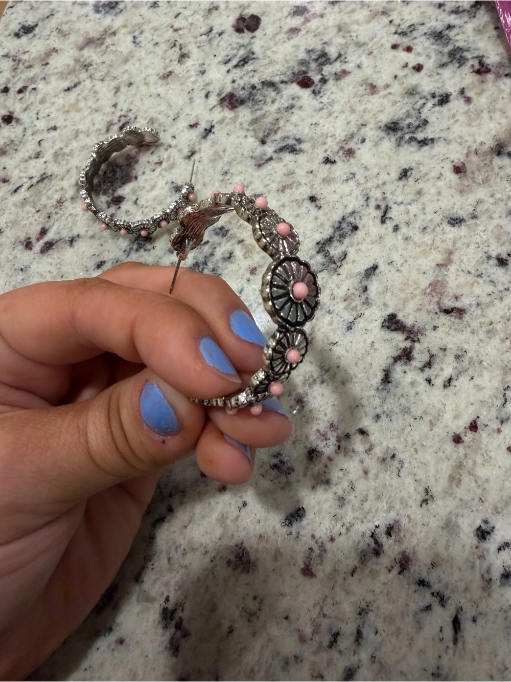 Silver Floral Hoop Earrings with Pink Accents